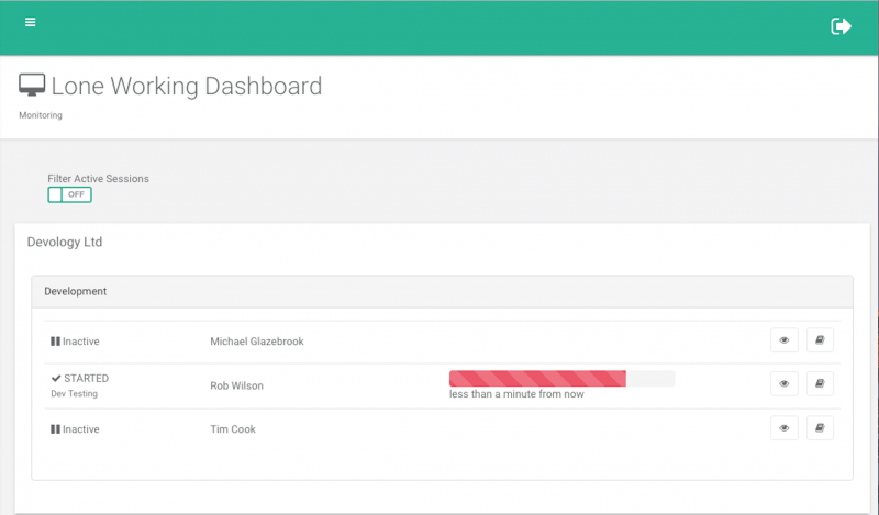 MyTeamSafe dashboard showing a session that has been started