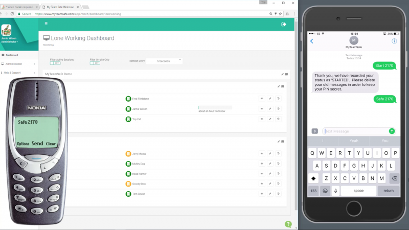 MyTeamSafe dashboard with an iPhone and Nokia